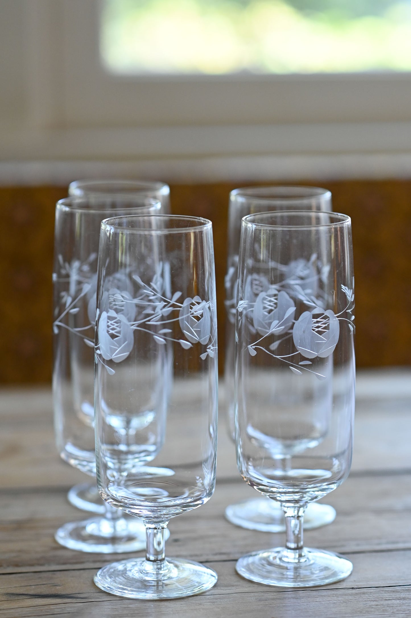 Vintage etched champagne glasses Set of 5