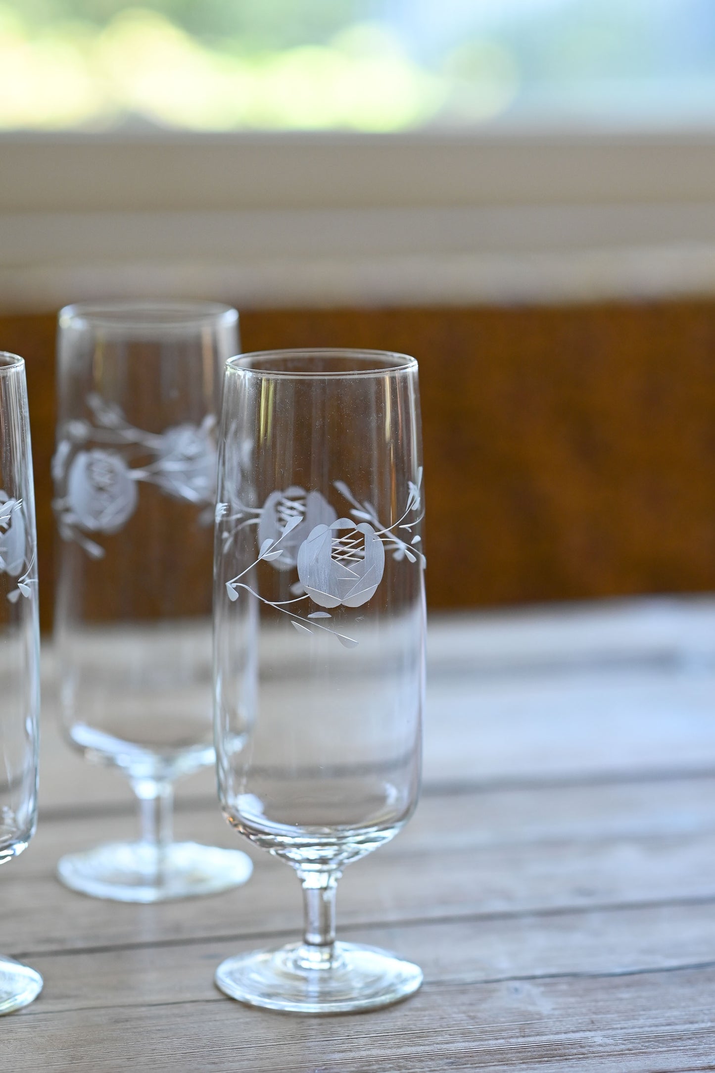 Vintage etched champagne glasses Set of 5