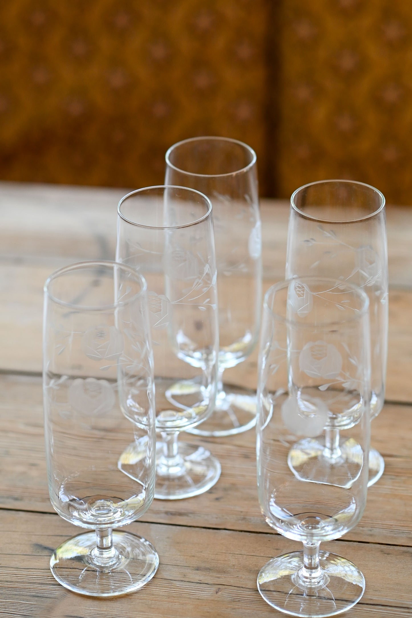 Vintage etched champagne glasses Set of 5