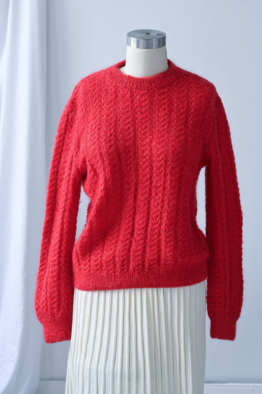 Vintage hand knitted mohair wool jumper in red