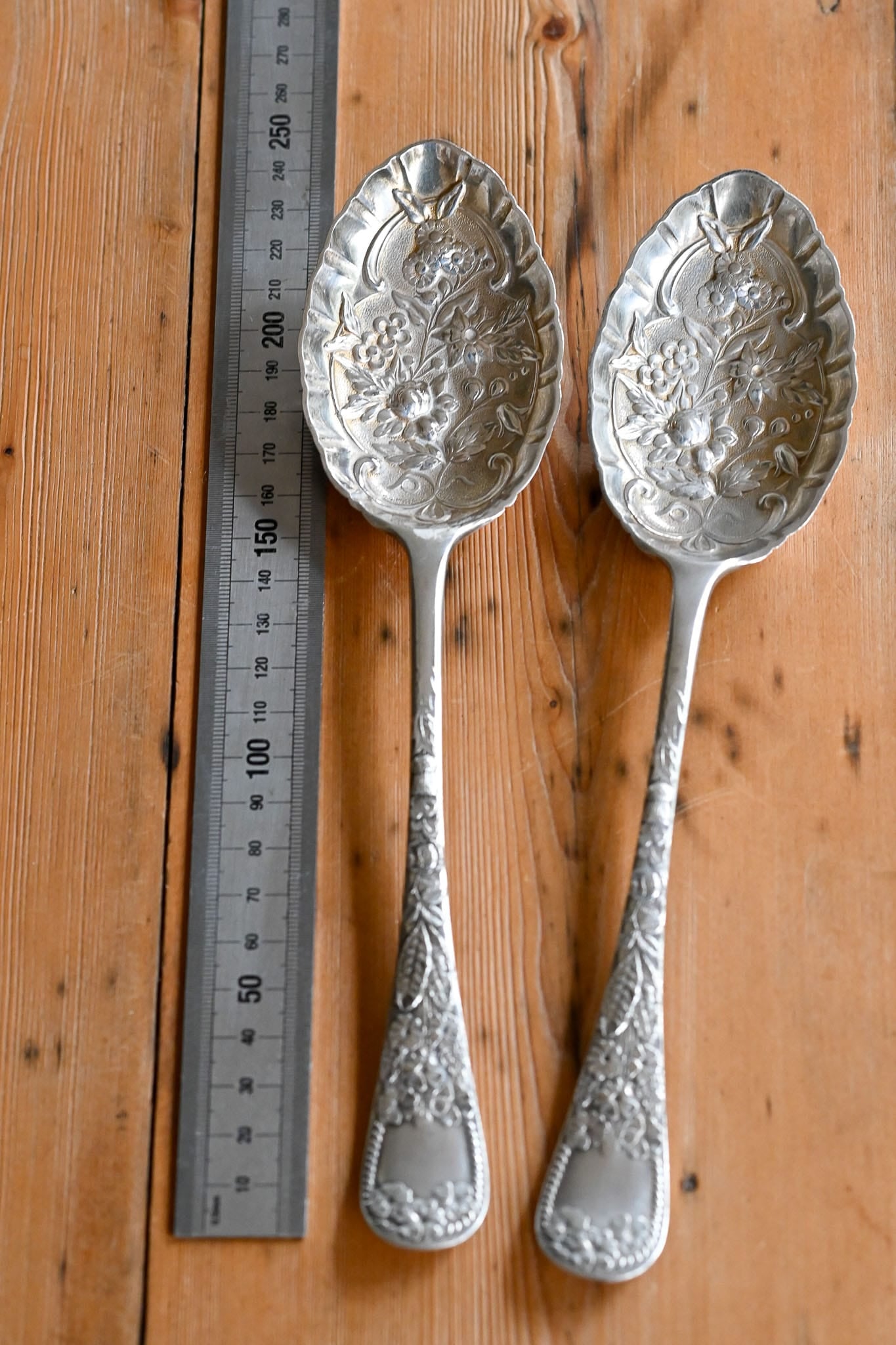 Antique repousse embossed berry serving spoons 2 available