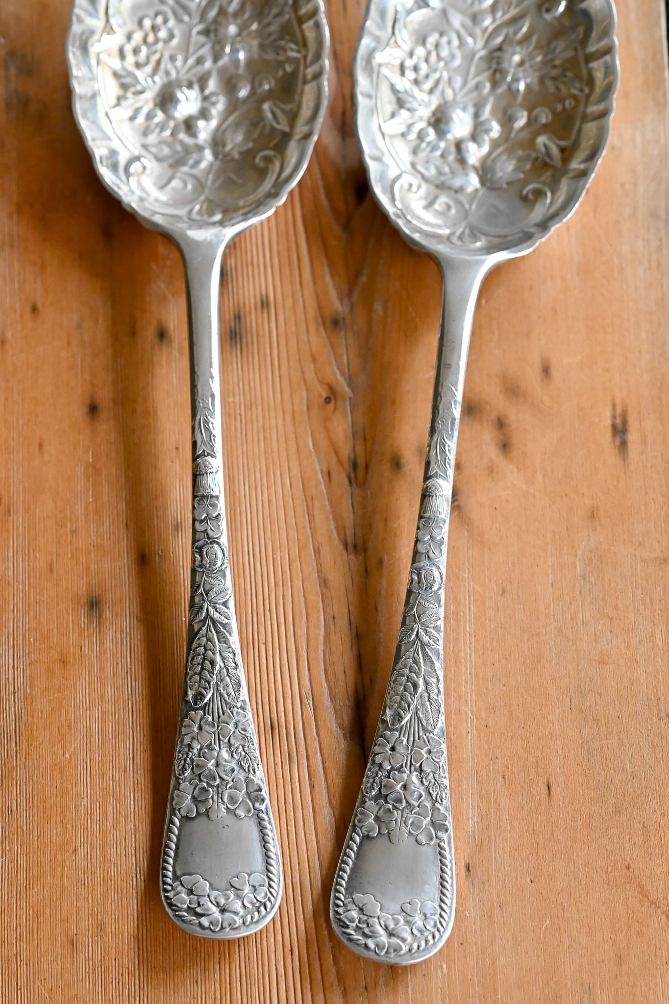 Antique repousse embossed berry serving spoons 2 available