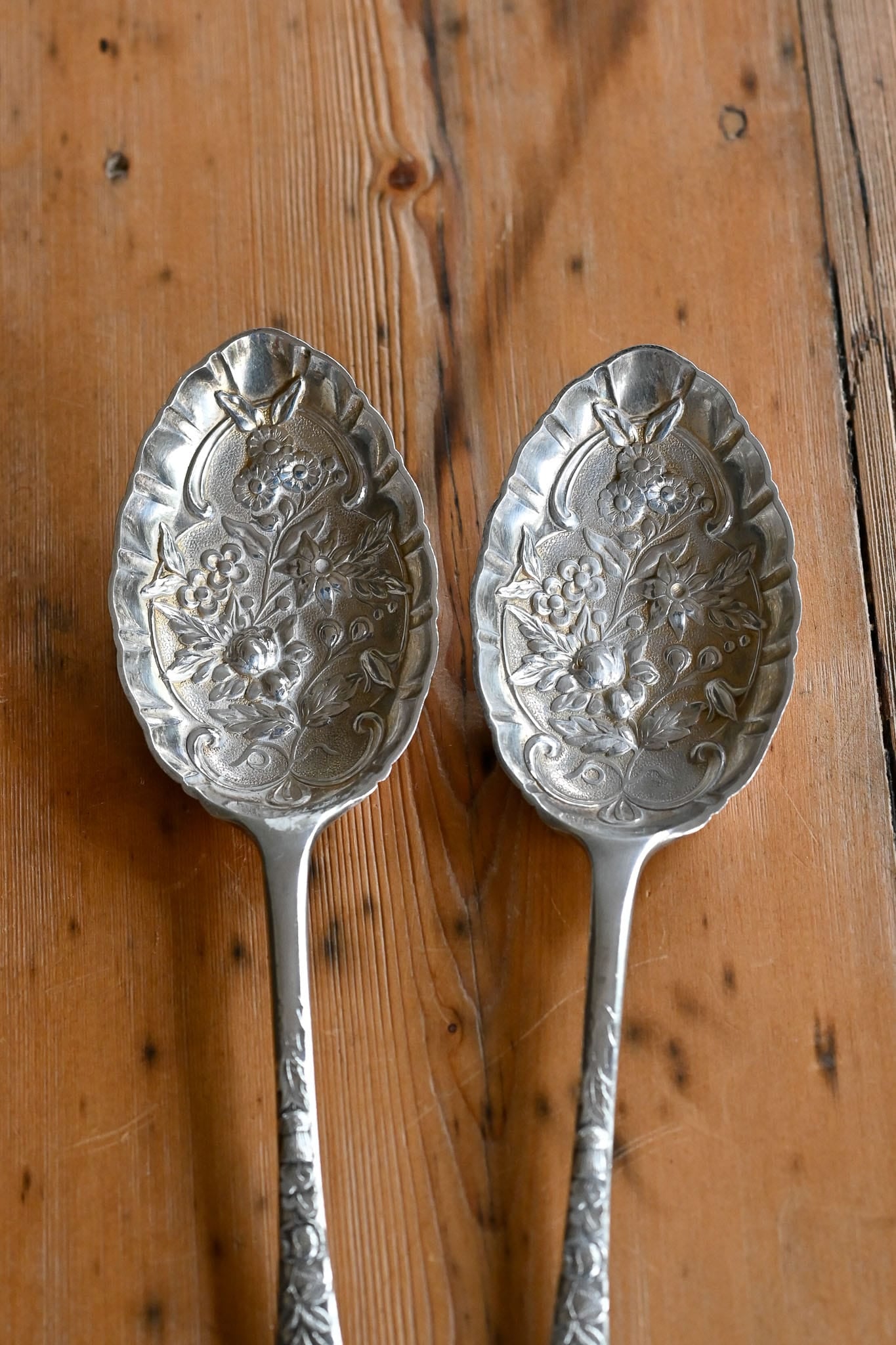 Antique repousse embossed berry serving spoons 2 available