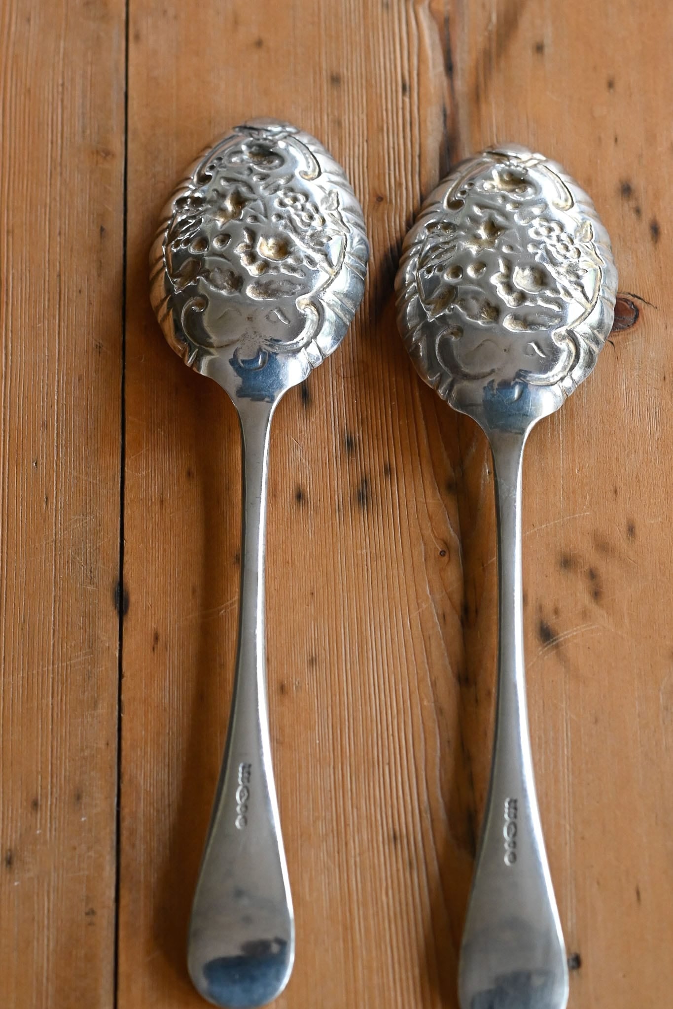 Antique repousse embossed berry serving spoons 2 available