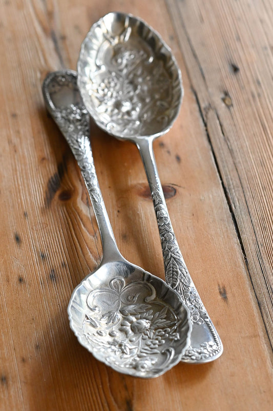 Antique repousse embossed berry serving spoons 2 available