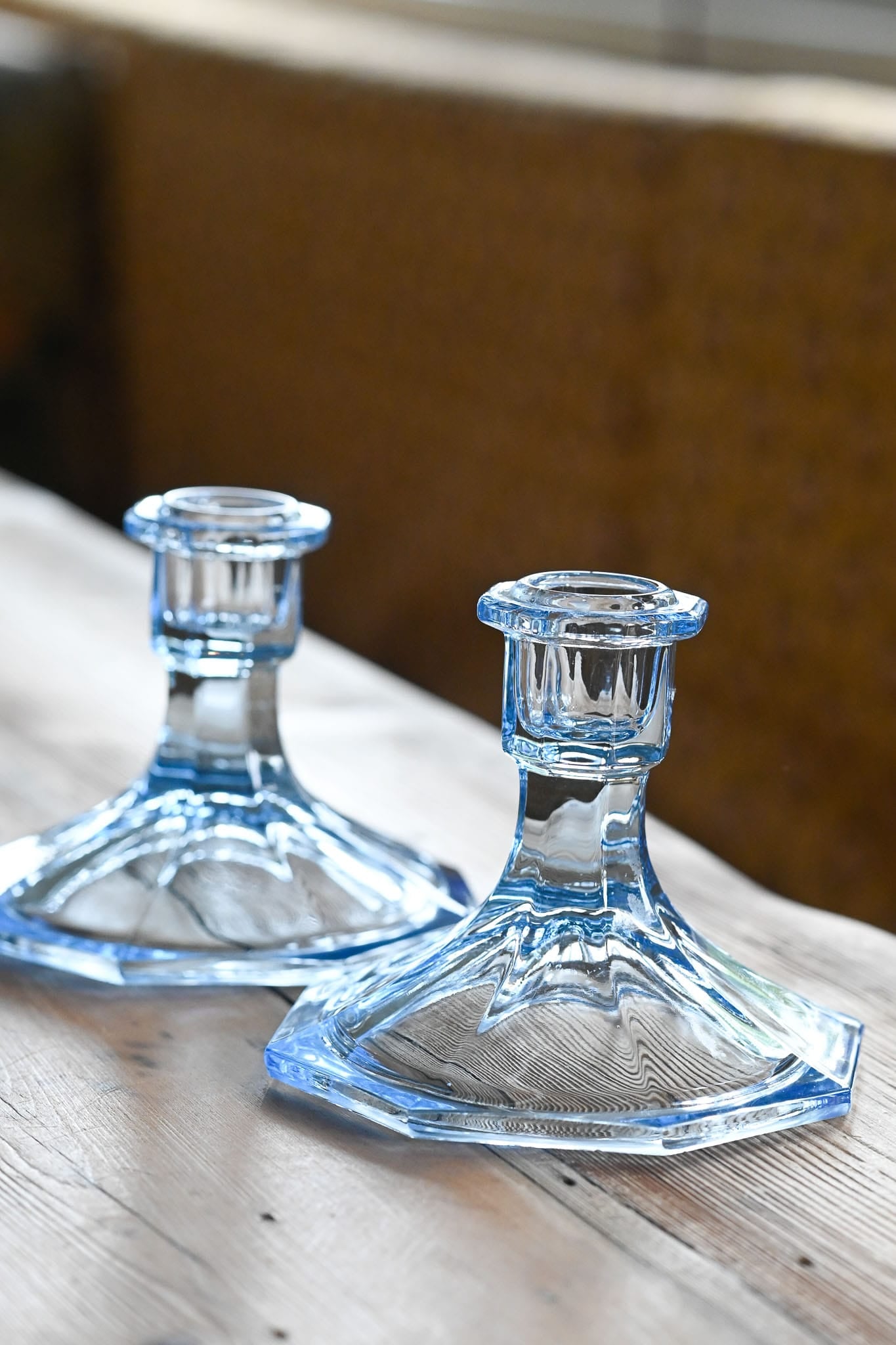 Vintage pressed blue glass candle holders - set of 2