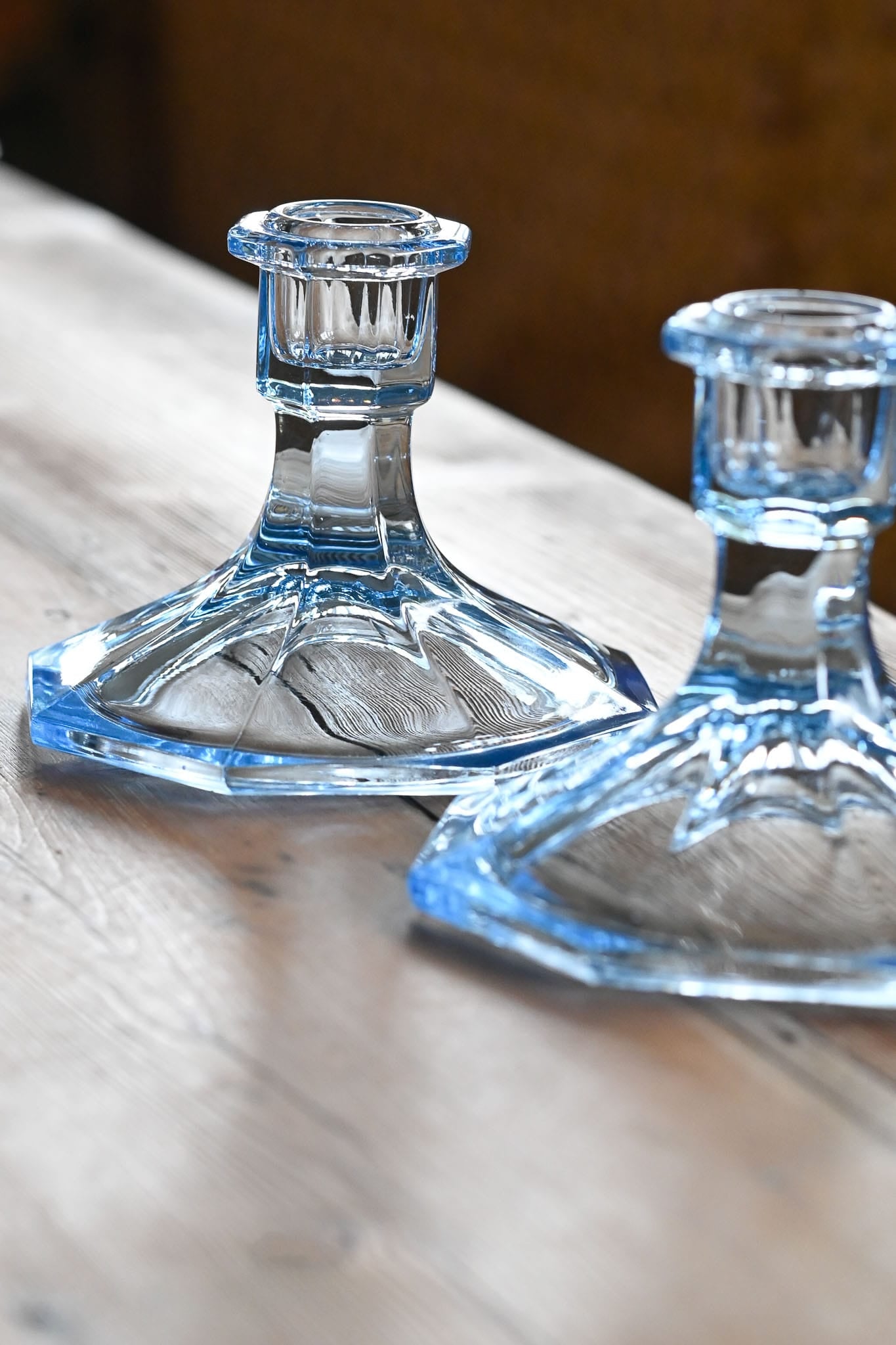 Vintage pressed blue glass candle holders - set of 2