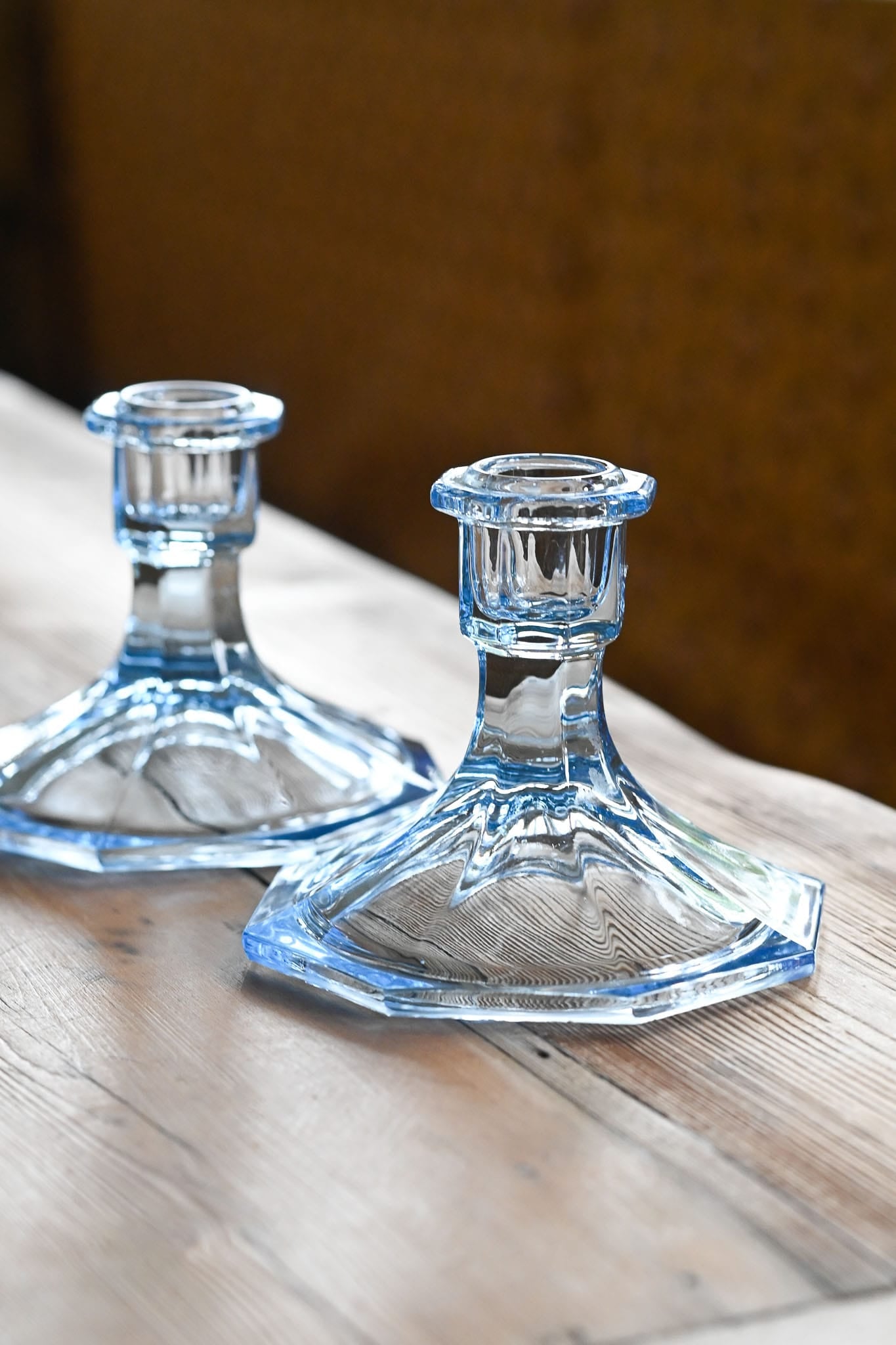 Vintage pressed blue glass candle holders - set of 2
