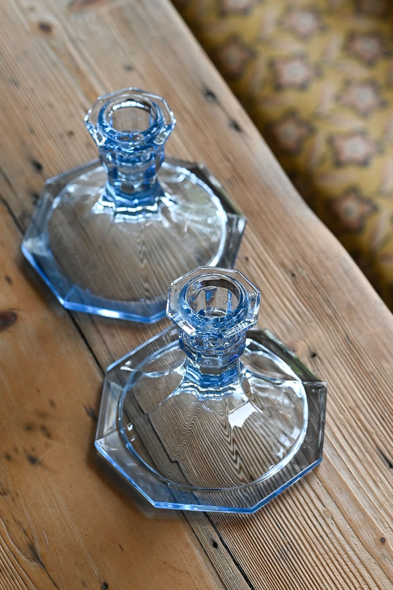 Vintage pressed blue glass candle holders - set of 2