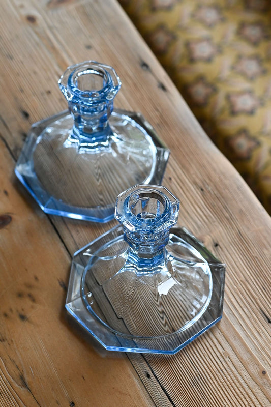 Vintage pressed blue glass candle holders - set of 2