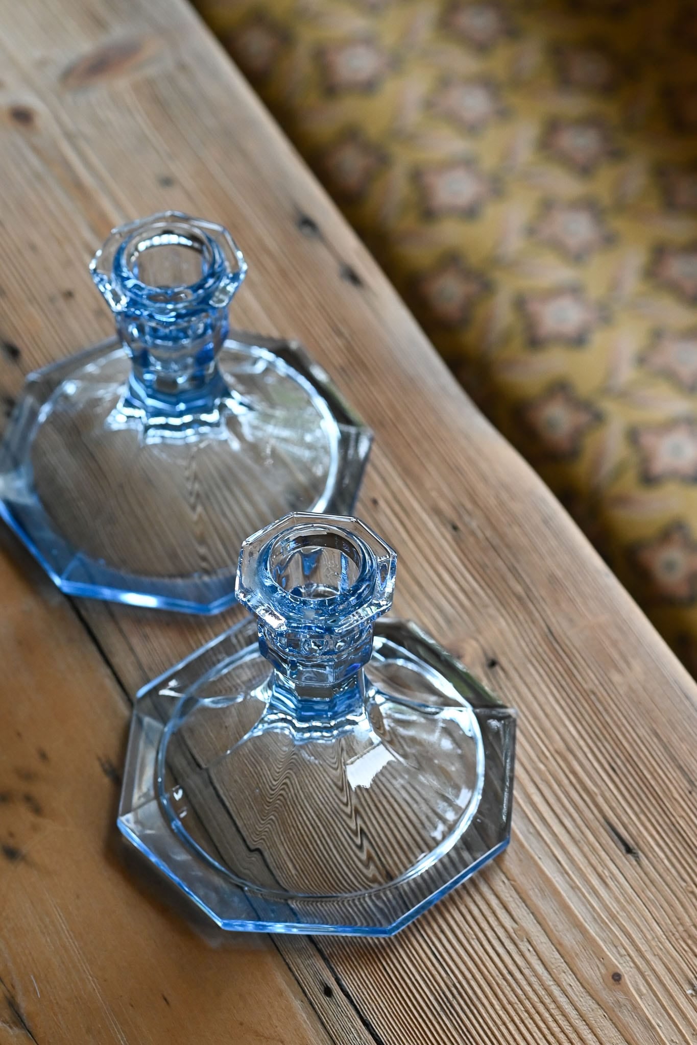 Vintage pressed blue glass candle holders - set of 2