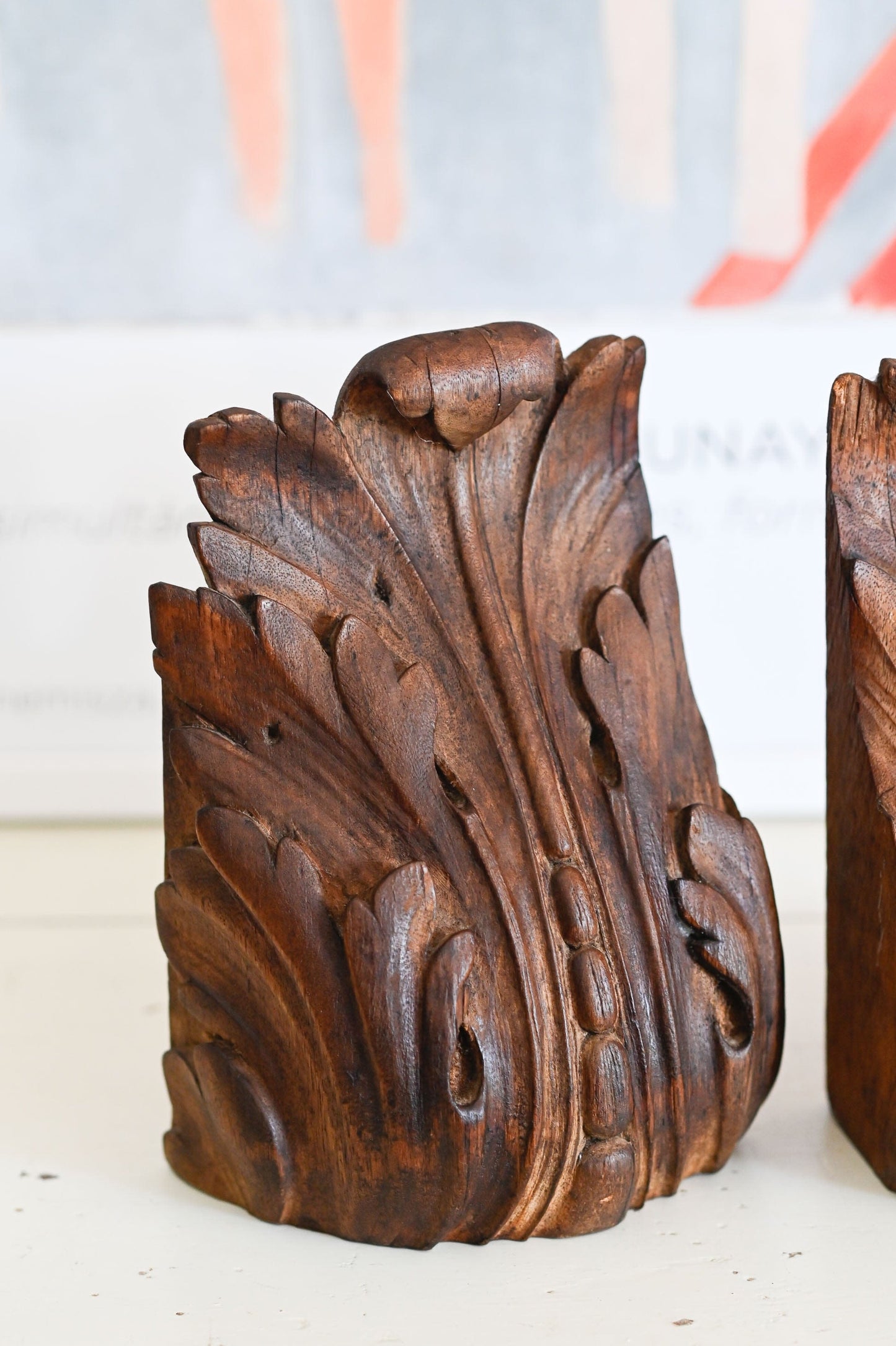 Vintage hand carved wooden corbal bookends
