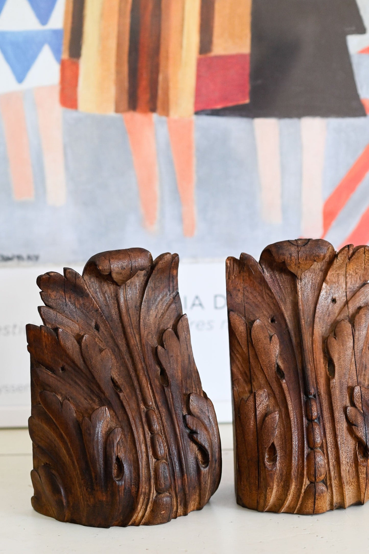 Vintage hand carved wooden corbal bookends