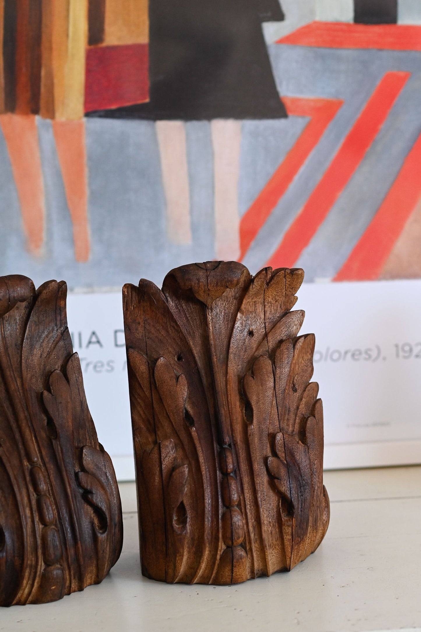 Vintage hand carved wooden corbal bookends