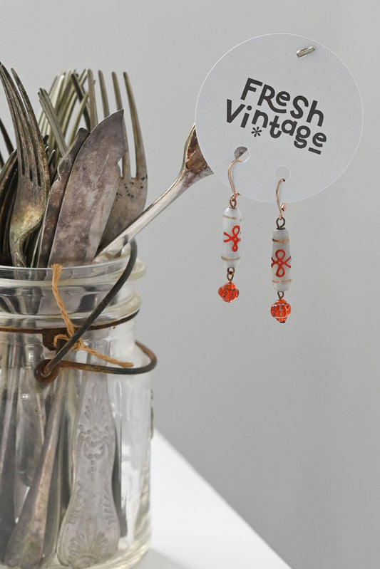 Earrings long blue beads with orange accents