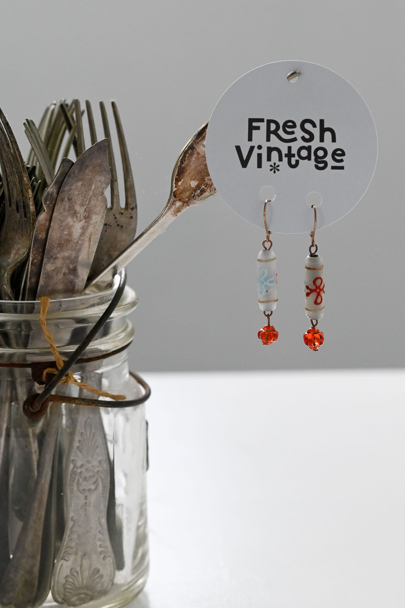 Earrings long blue beads with orange accents
