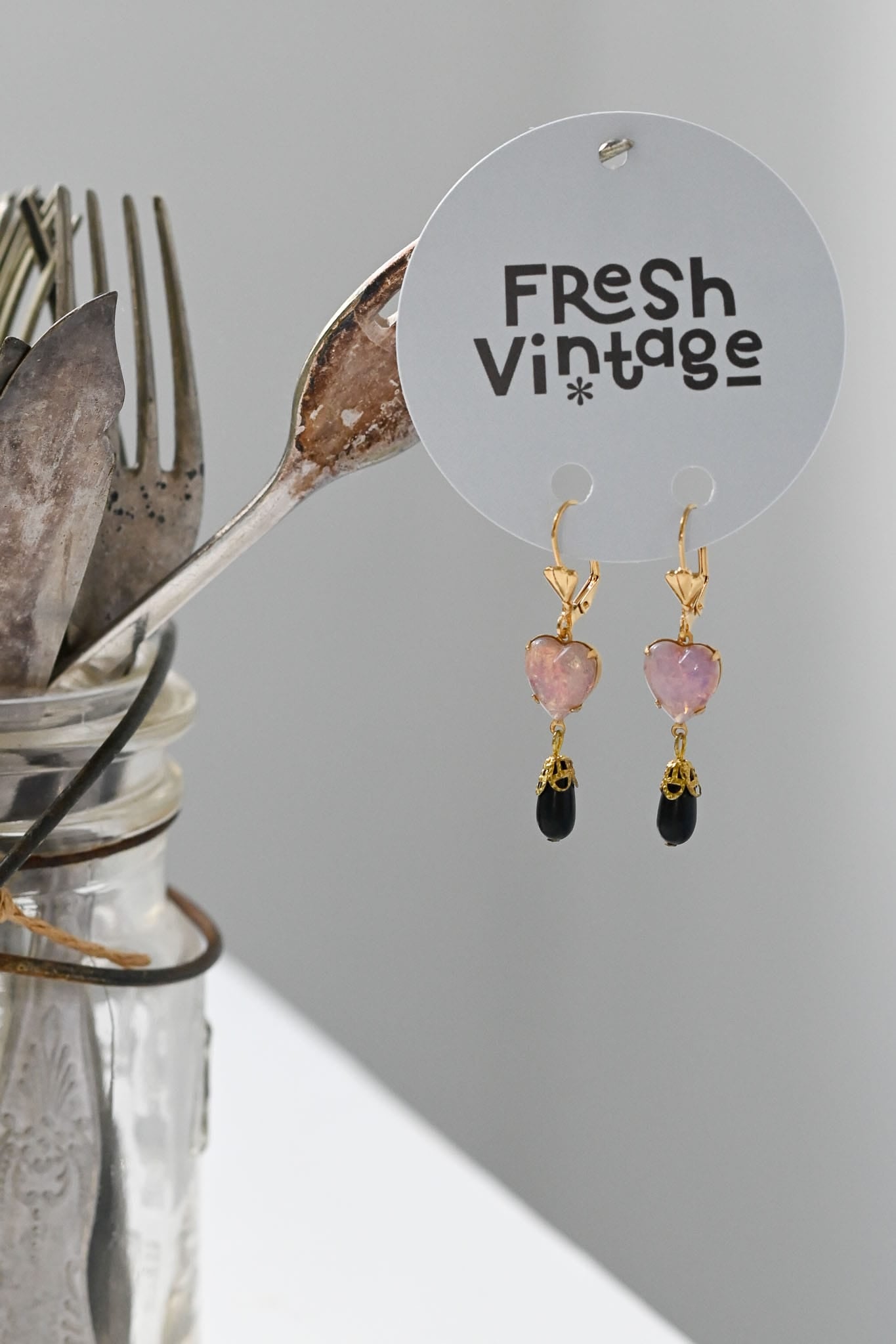 Earrings vintage opal Czech glass heart with black glass drop