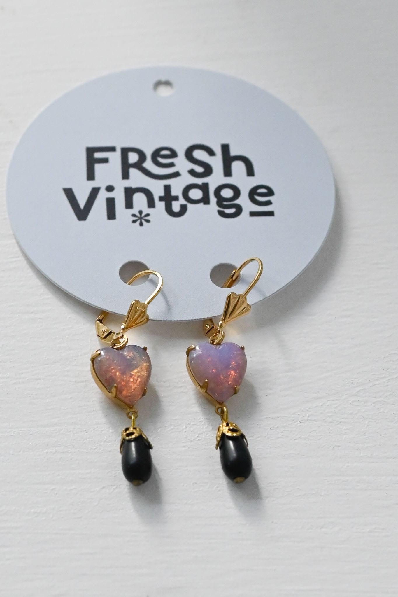 Earrings vintage opal Czech glass heart with black glass drop