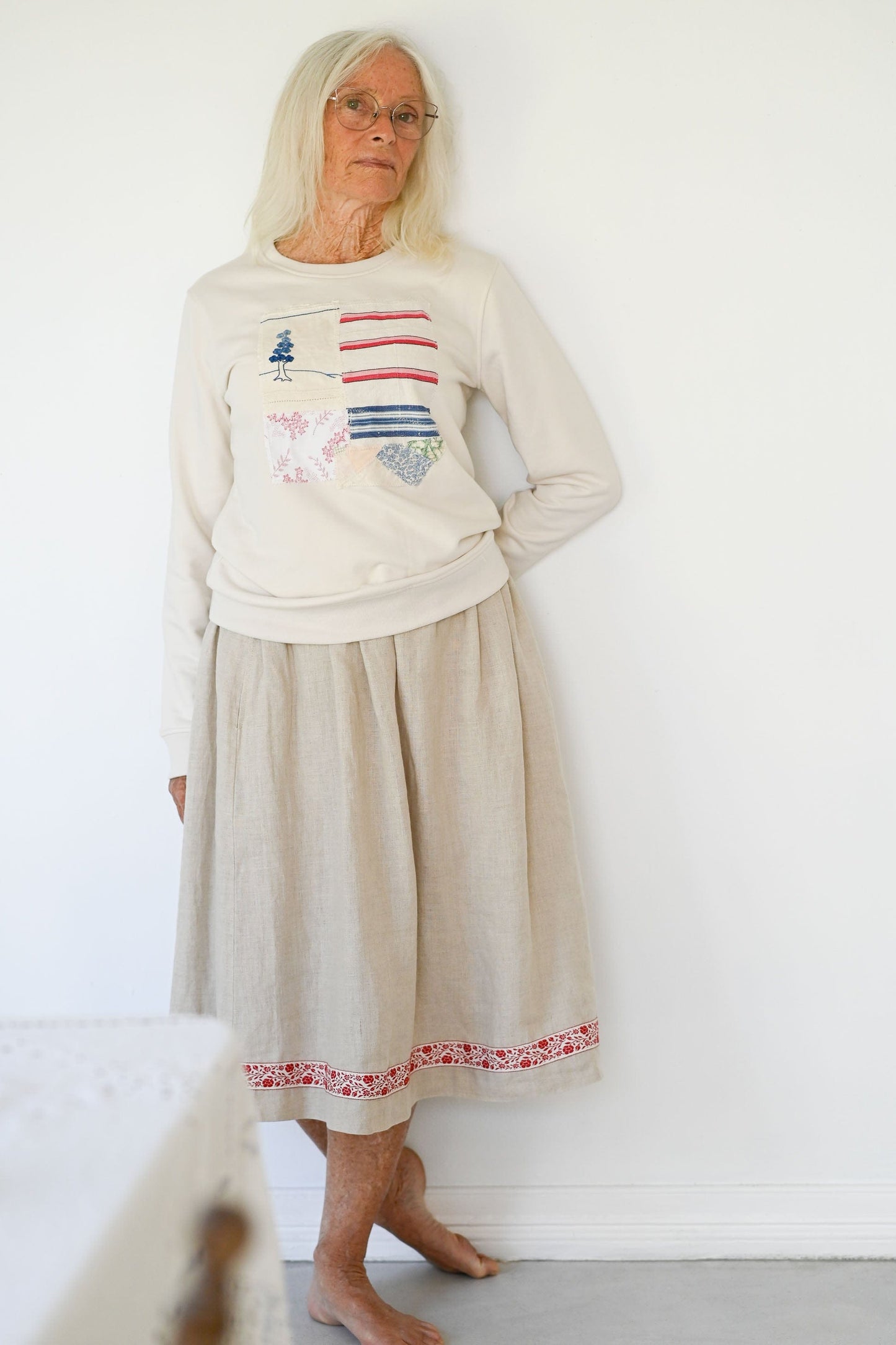 Elise Linen Skirt Natural/Vintage red trim