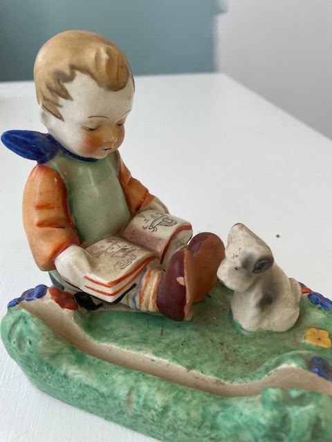 Vintage 1940s ornament boy reading to dog