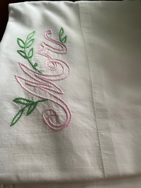 Vintage white pillowcase with lace Mrs