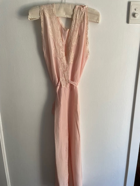 Vintage 1920s pink sillk jumpsuit with lace as is
