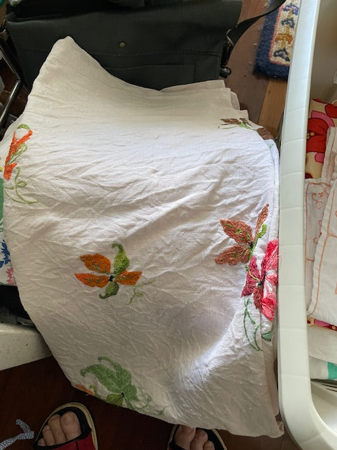 Vintage embroidered linen tablecloth as is
