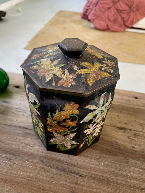 Vintage black floral tea tin