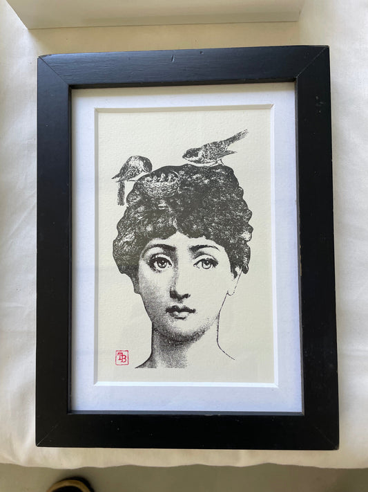Vintage hand print woman with birds in hair