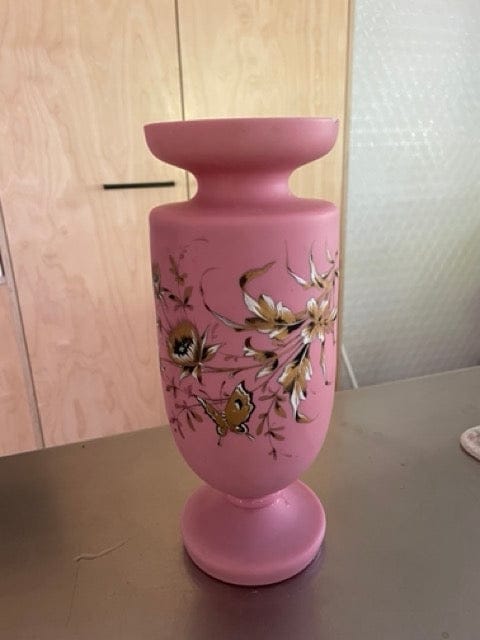 Antique tall pink painted Bristol glass vase
