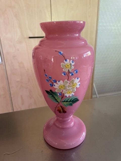 Antique pink opaline painted Bristol glass vase