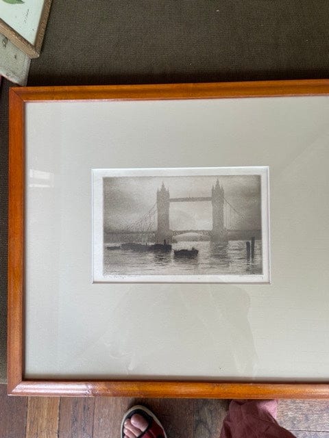 Vintage etching of Bridge framed