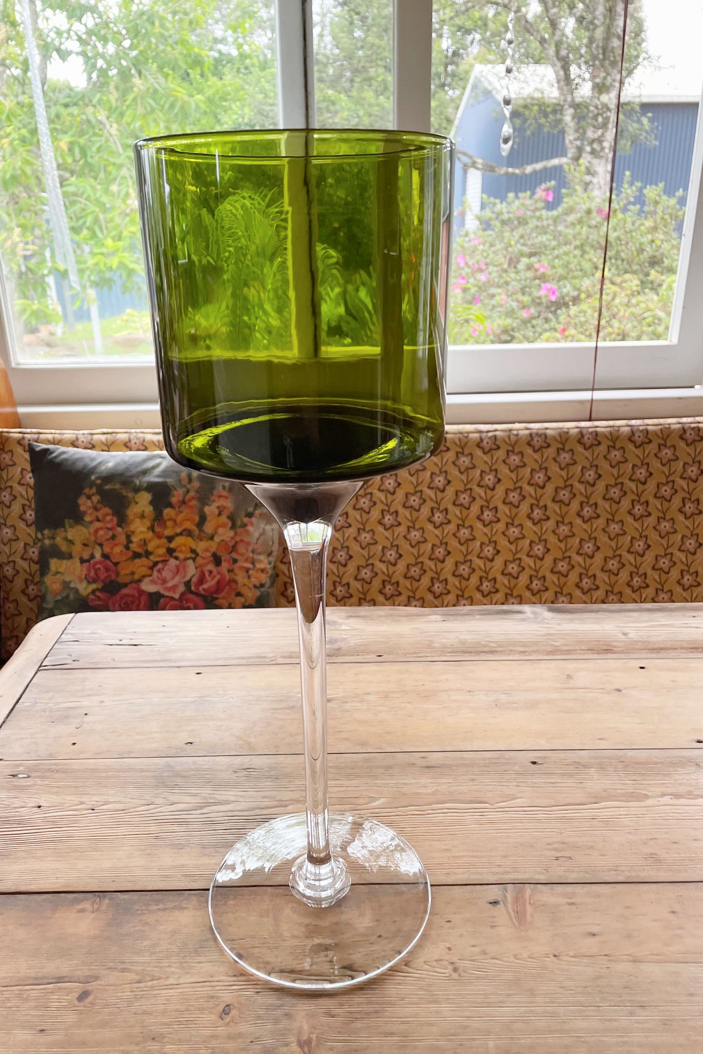 Vintage 70s large green wine glass vase