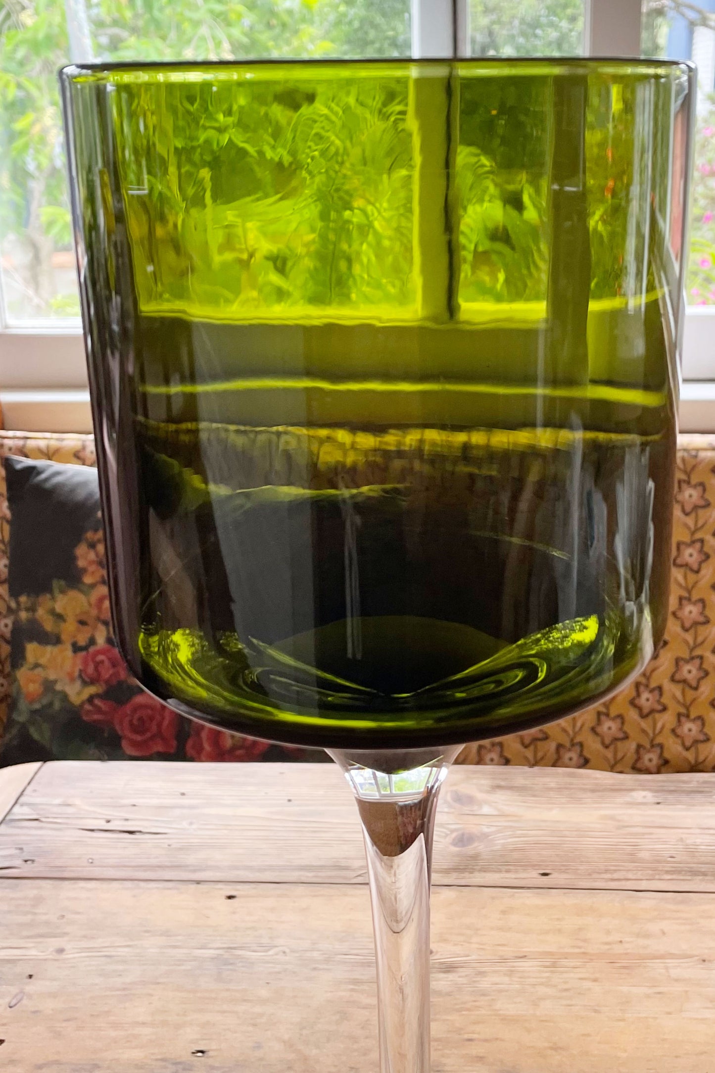Vintage 70s large green wine glass vase