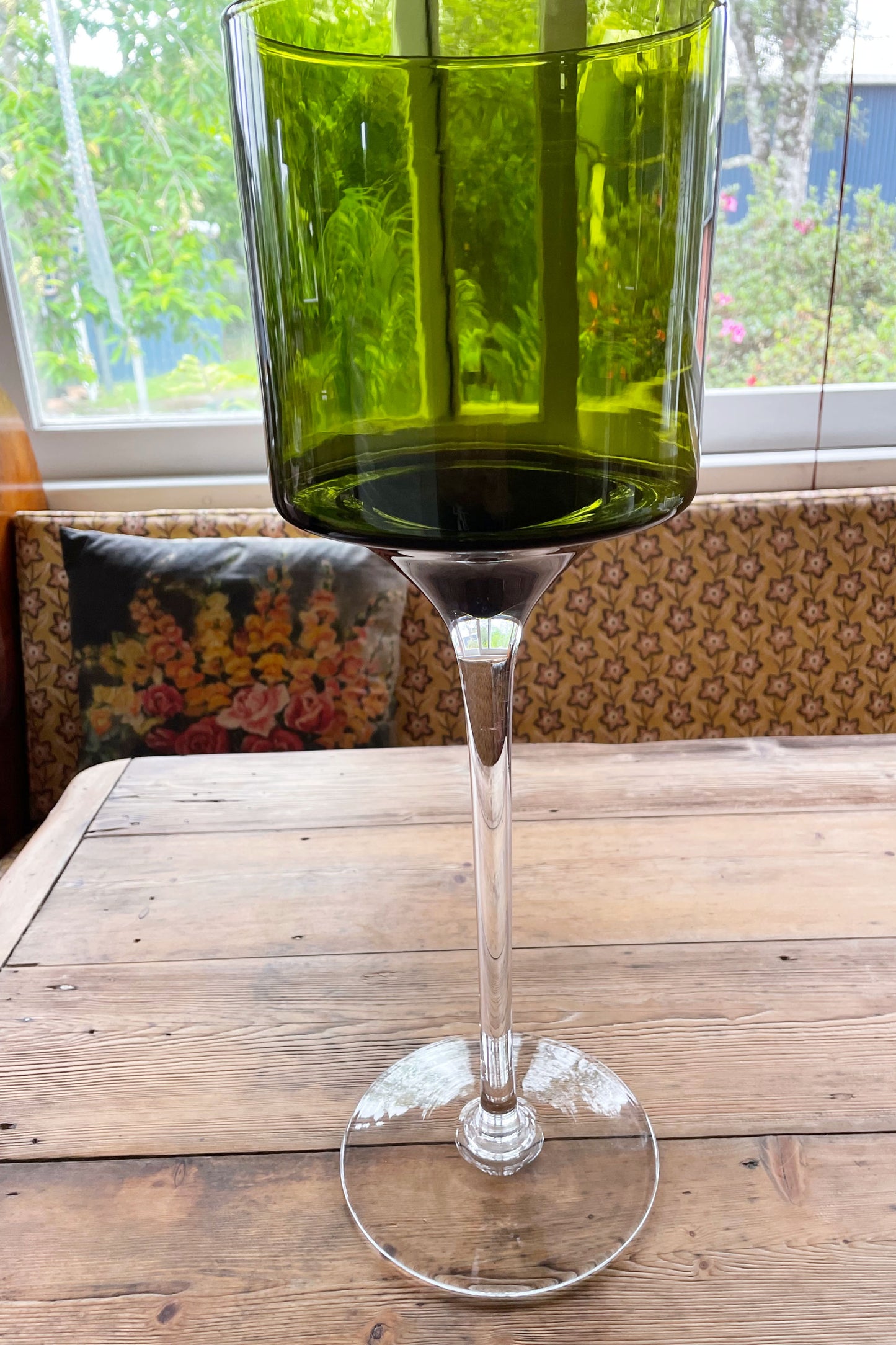 Vintage 70s large green wine glass vase