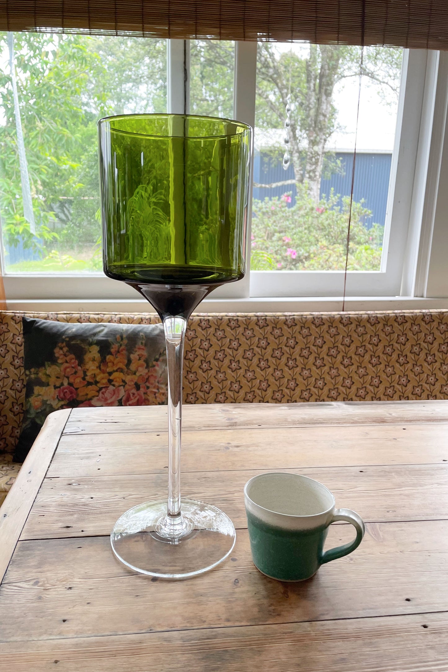 Vintage 70s large green wine glass vase