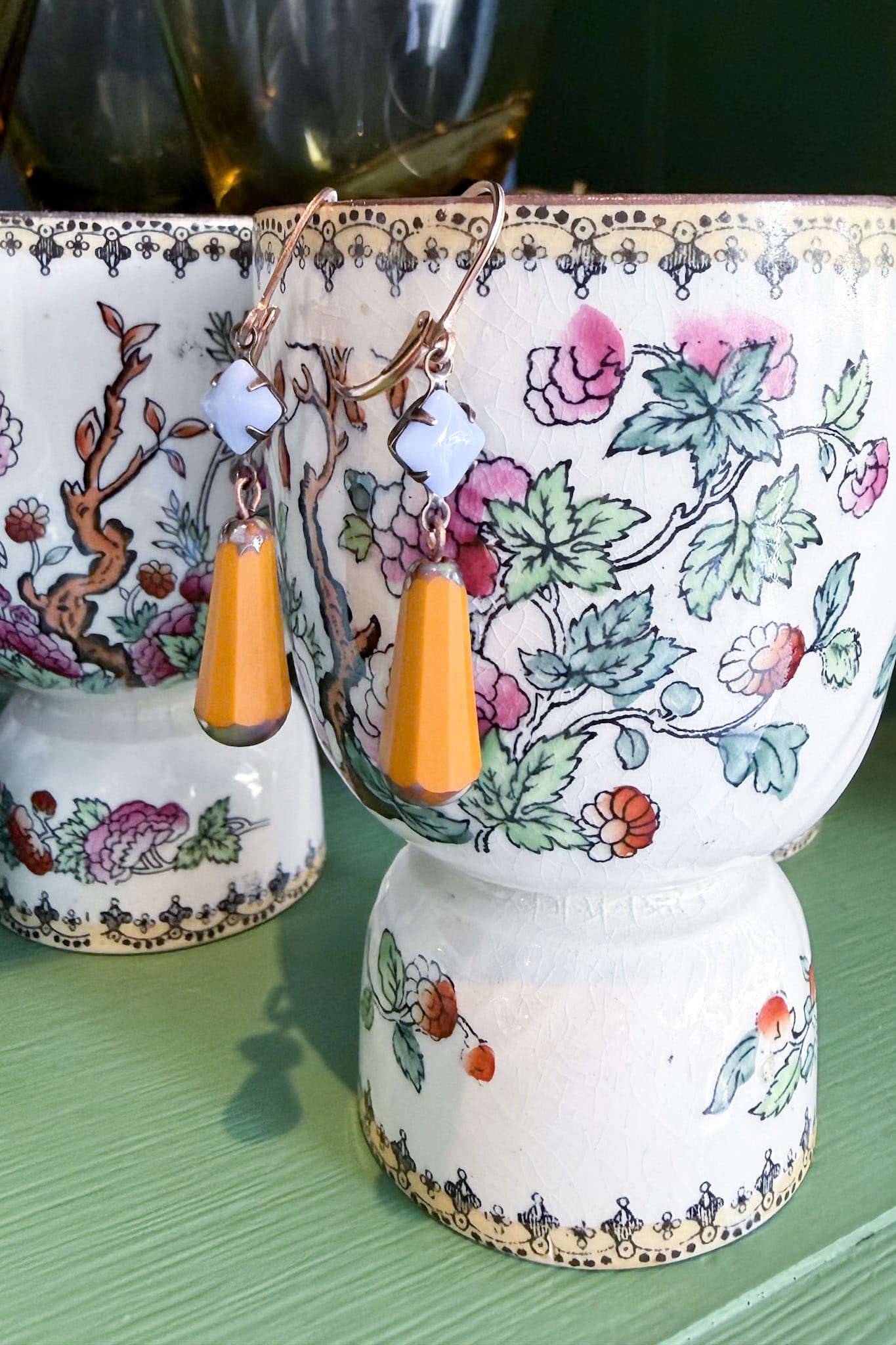 Earrings Vintage Lilac glass with orange drops