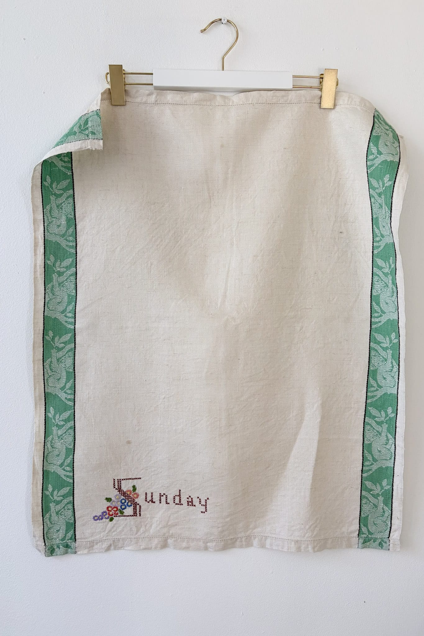 Vintage linen embroidered tea towel Sunday