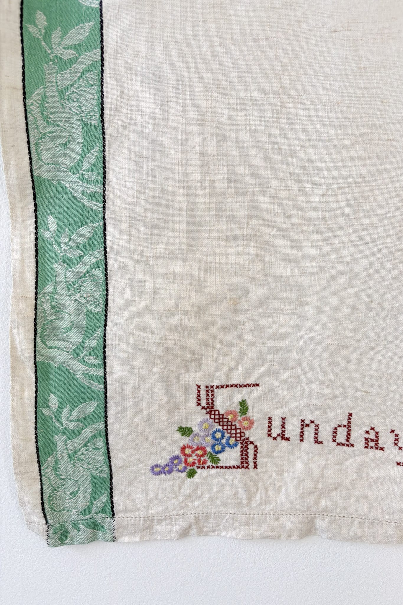 Vintage linen embroidered tea towel Sunday