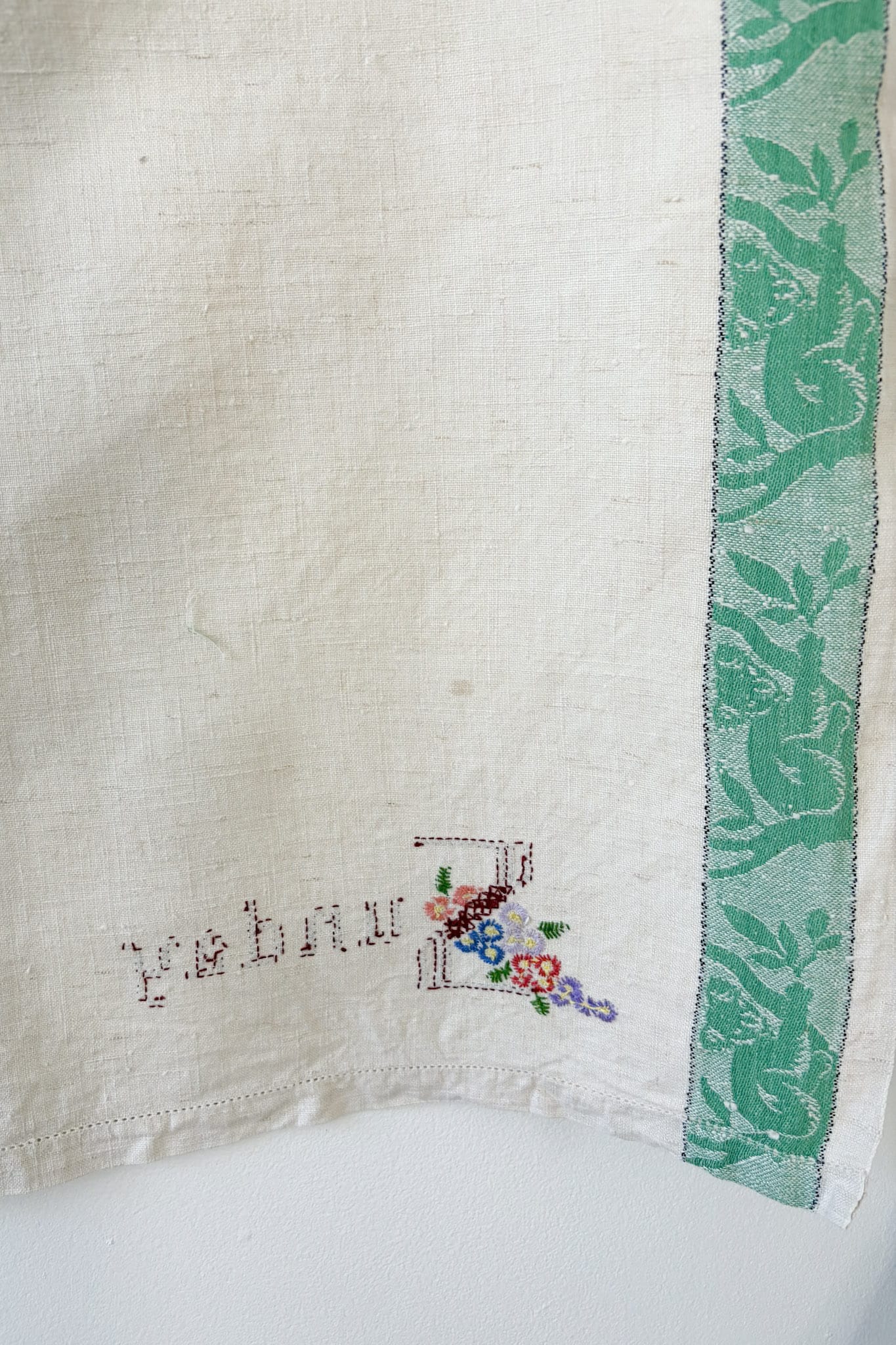 Vintage linen embroidered tea towel Sunday