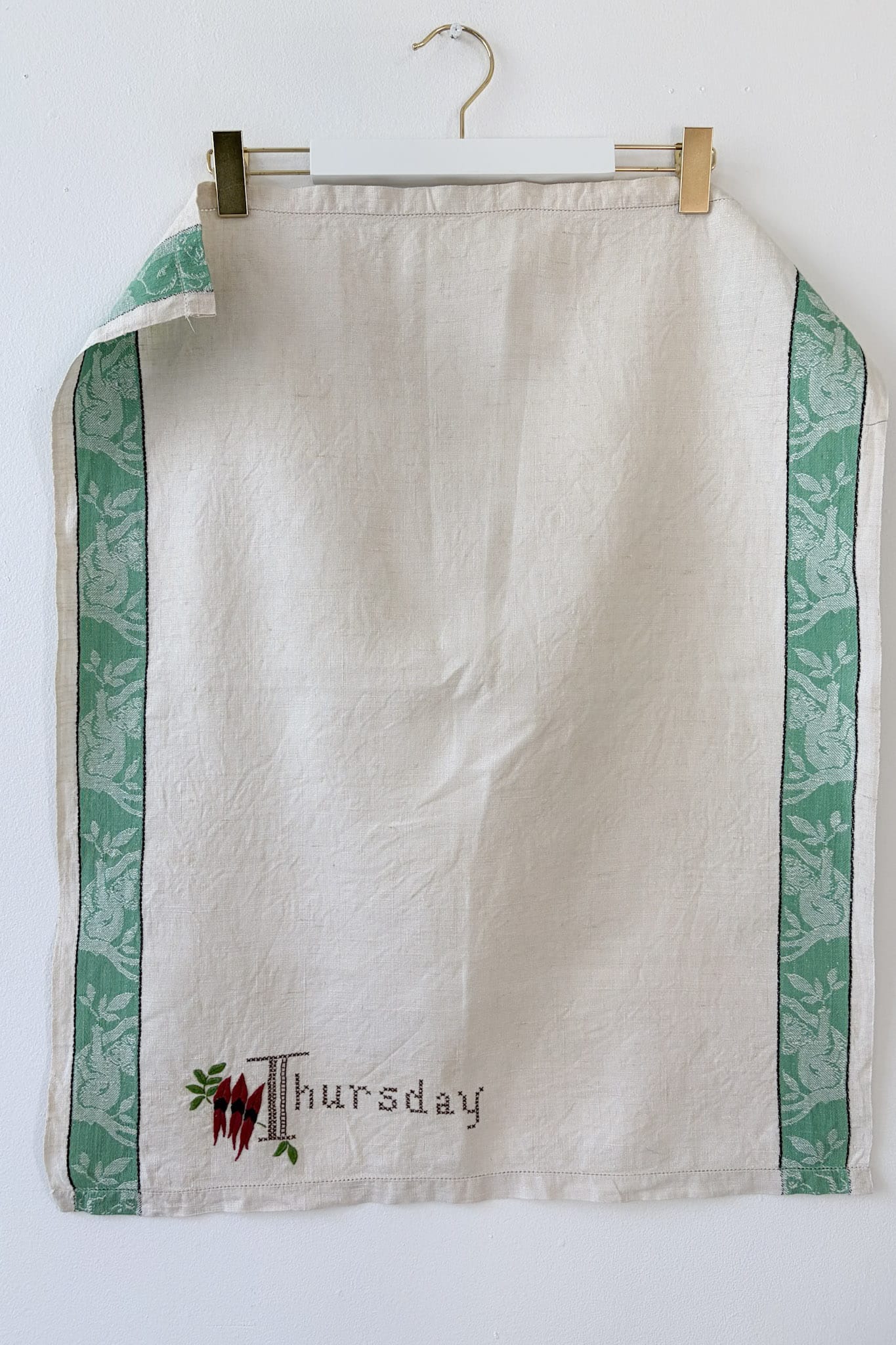 Vintage linen embroidered tea towel Thursday