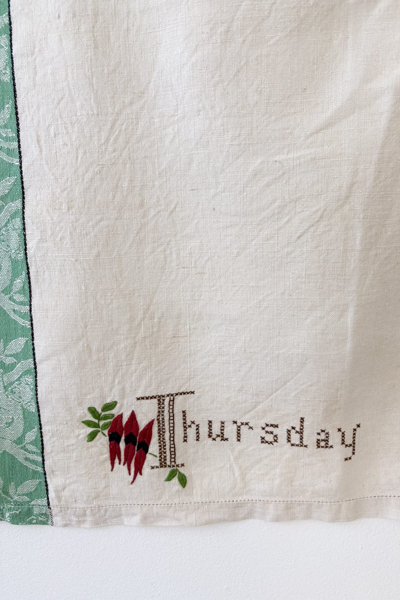 Vintage linen embroidered tea towel Thursday
