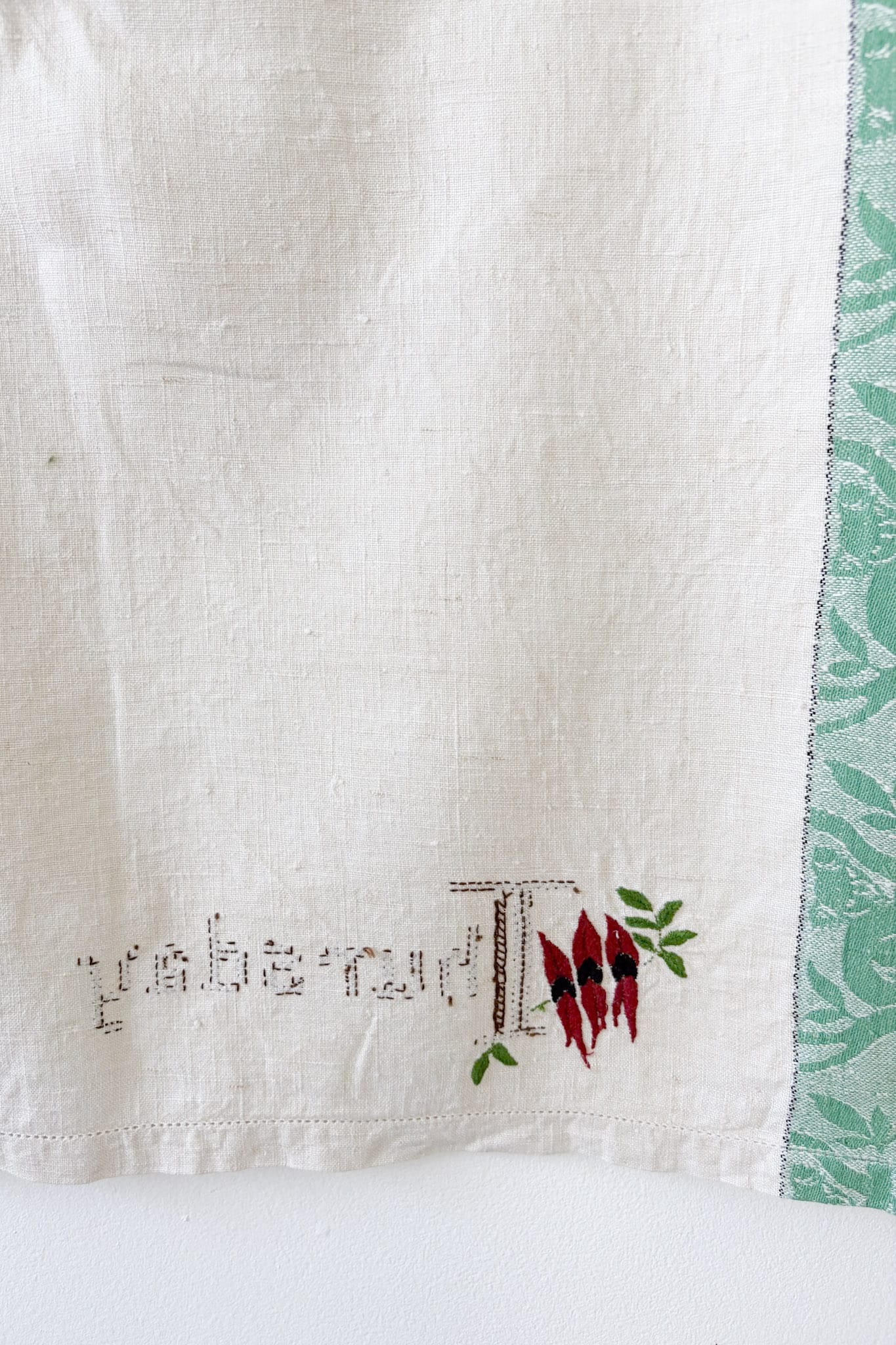Vintage linen embroidered tea towel Thursday