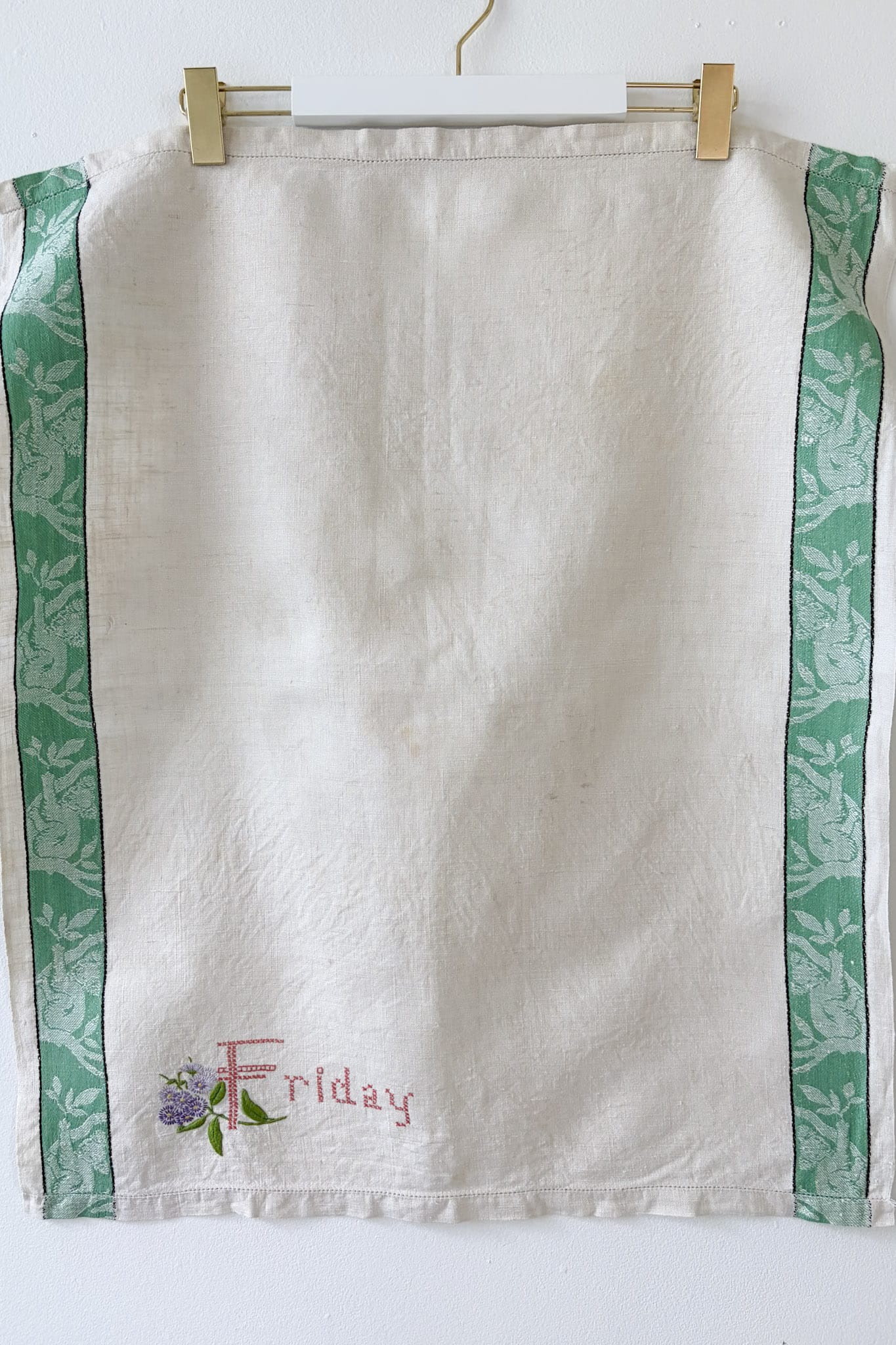 Vintage linen embroidered  tea towel Friday