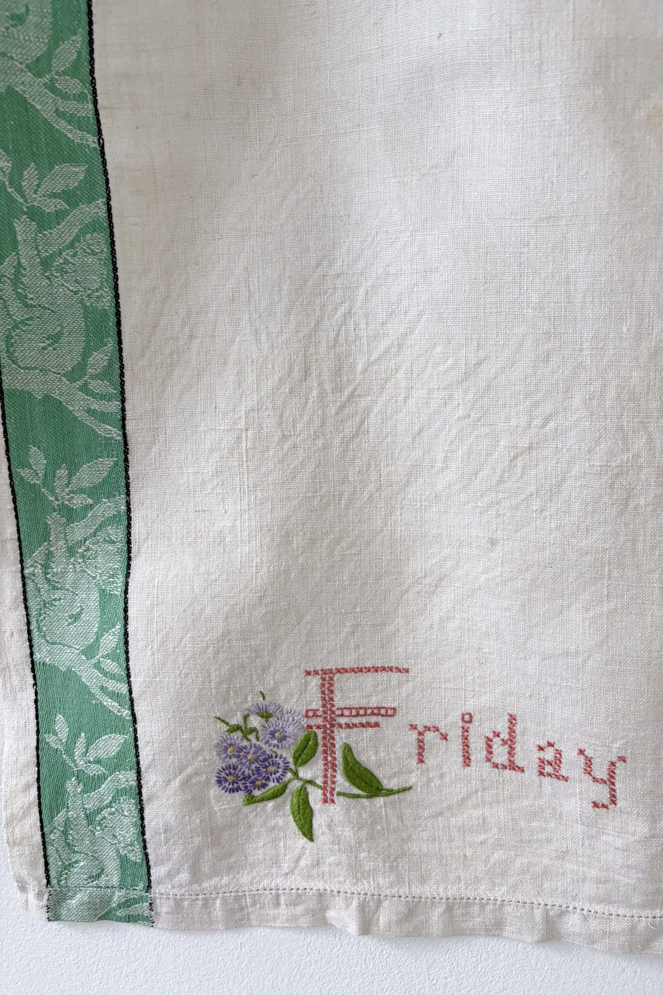 Vintage linen embroidered  tea towel Friday