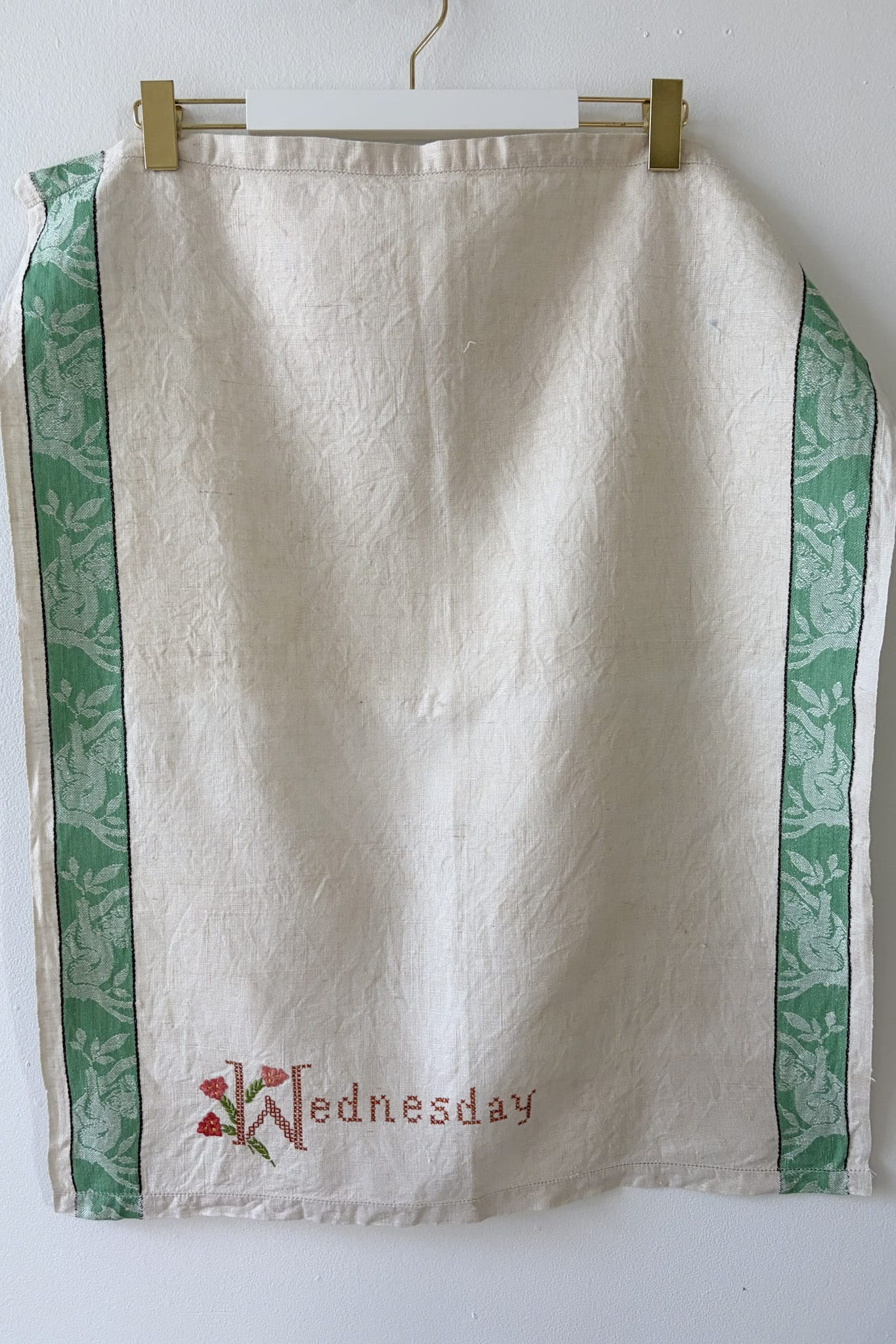 Vintage linen embroidered tea towel Wednesday