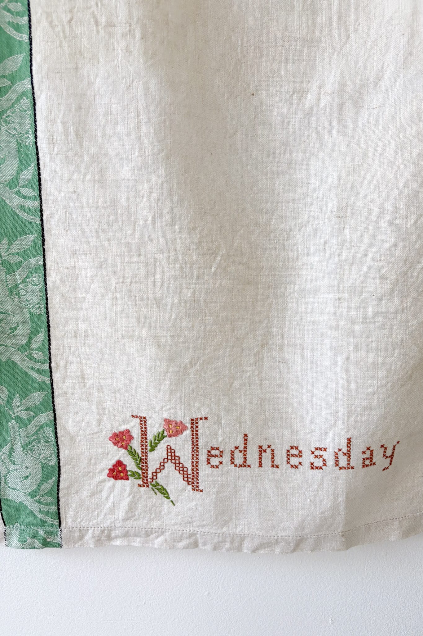 Vintage linen embroidered tea towel Wednesday