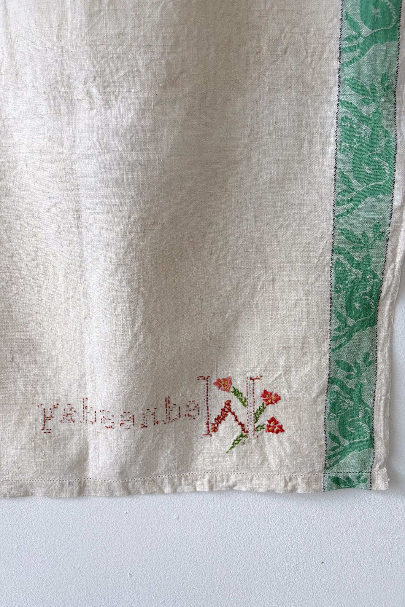 Vintage linen embroidered tea towel Wednesday