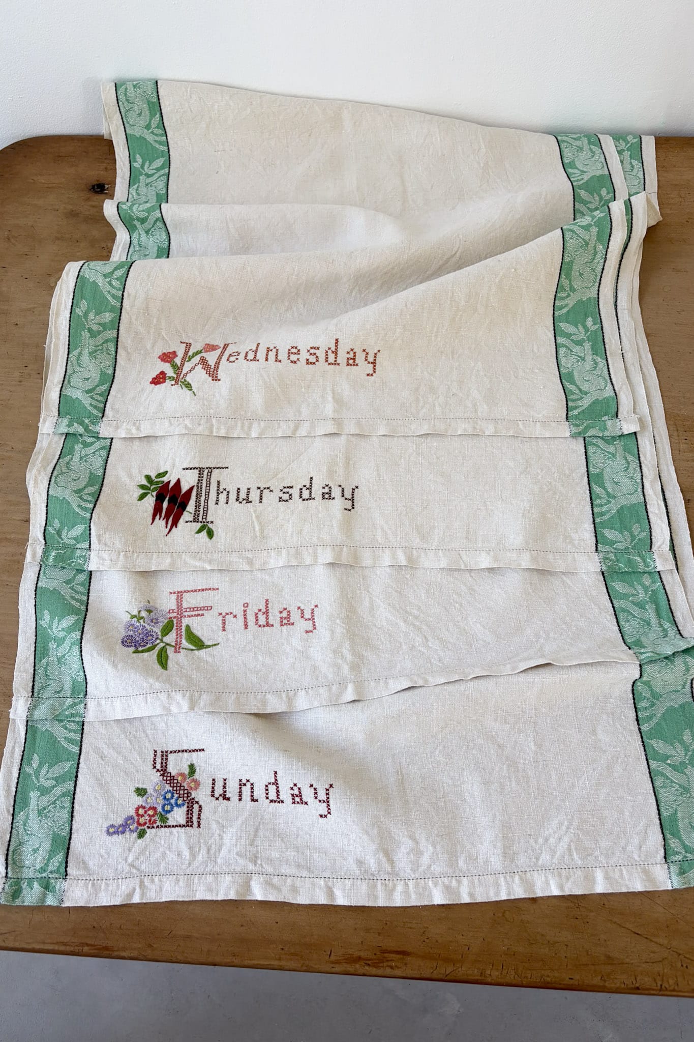 Vintage linen embroidered tea towel Sunday
