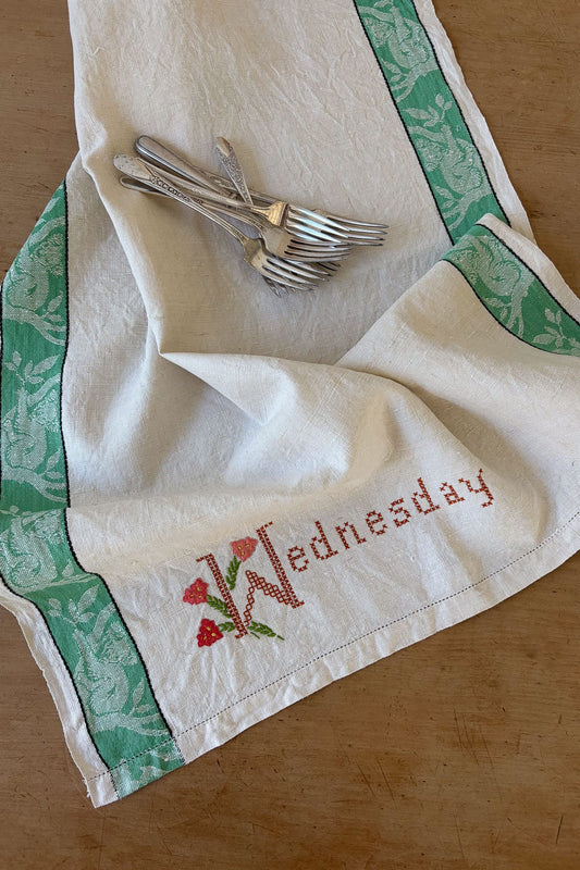 Vintage linen embroidered tea towel Wednesday